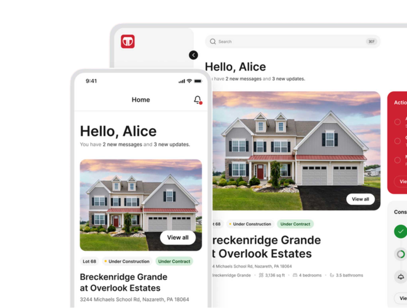 Mobile app and desktop web portal dashboards showing a personalized greeting, new message and update notifications, and a photo of the completed Breckenridge Grande home at Overlook Estates