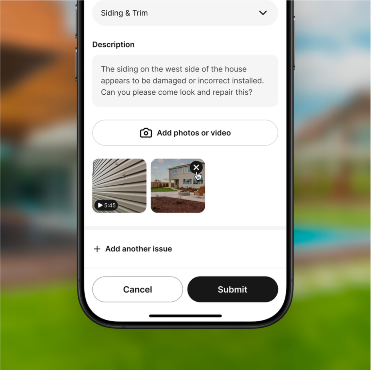 Mobile app warranty request form showing a category dropdown set to Siding and Trim, a description field, uploaded photo previews, and a Submit button